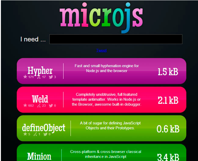 Microjs是一个关于JavaScript库和框架的参考网站。
