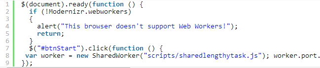 　　4.SharedWorker对象代表共享WebWorker  　　前面的示例使用了专用Webworker。让我们将同样的示例转换为使用共享Webworker。共享Webworker由SharedWorker对象表示。下面的代码显示了来自主页的代码的修改版本：