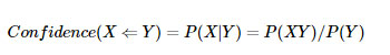 置信度体现了一个数据出现后，另一个数据出现的概率，或者说数据的条件概率。如果我们有两个想分析关联性的数据X和Y，X对Y的置信度为