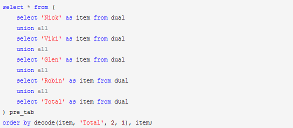 　另外，在Report开发中，常需要将Total放最后，其它项则按其它排序方式（一般按正常的升序），可看作同一列有两种排序方式，那么可以这样：
